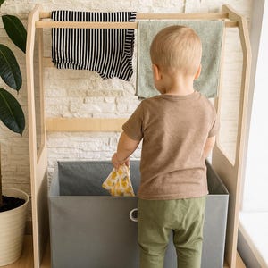Montessori Kids Laundry Drying Rack: Wooden Clothesline with Basket