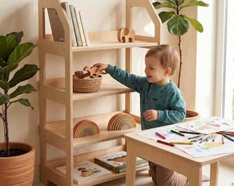 Montessori Wooden Shelf: 4-Tier Natural Wood Toy & Book Organizer