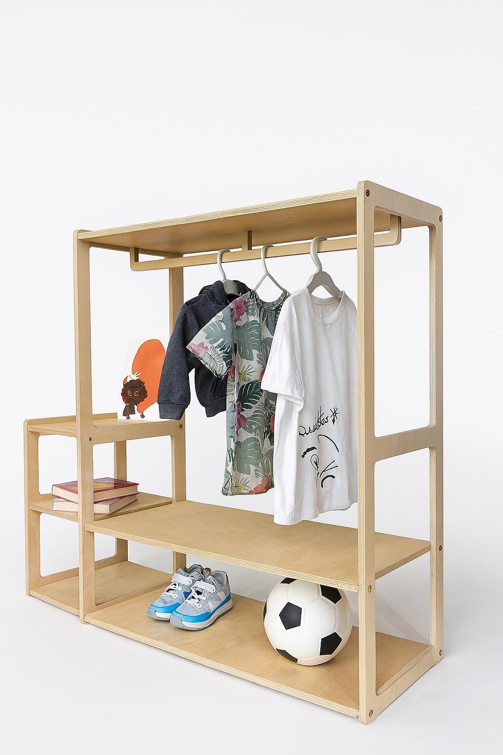 Montessori Wooden Kids Wardrobe: Clothing Rack with Shoe Storage