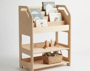 Montessori Wooden Bookshelf: Kids Book & Toy Organizer, Birch Plywood