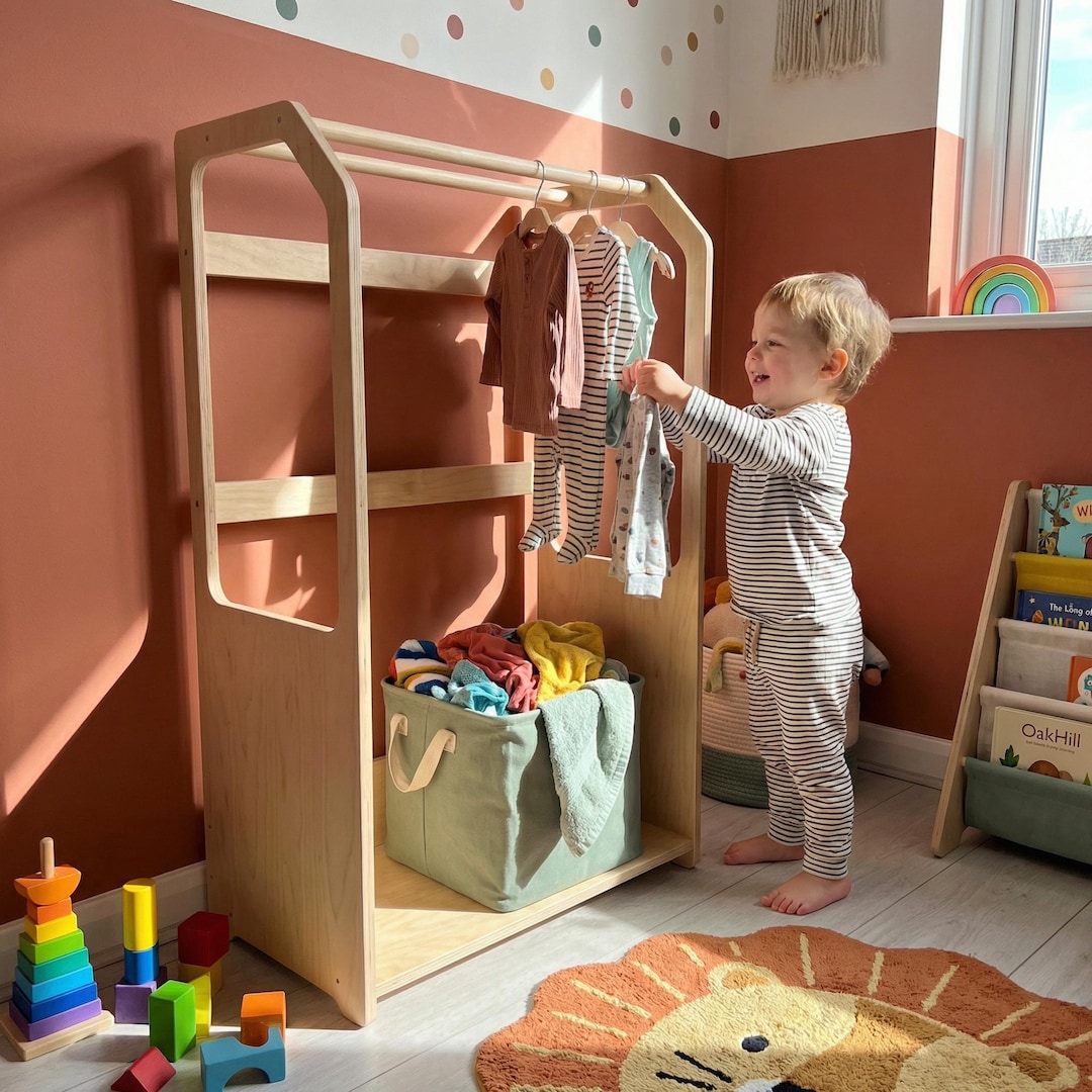 Drying Rack Kids Montessori Kids Drying Rack With Basket: Wooden Toddler Wardrobe for ...