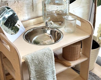 Lavabo de madera Montessori: Estación de autocuidado portátil para niños con tapa / Juego de agua sensorial