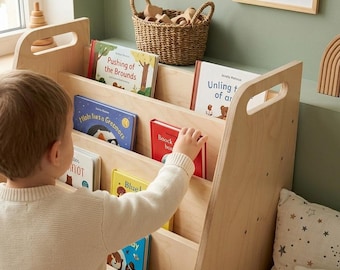 Montessori Bookshelf: 4-Tier Birch Wood Book Display for Nursery | Front facing