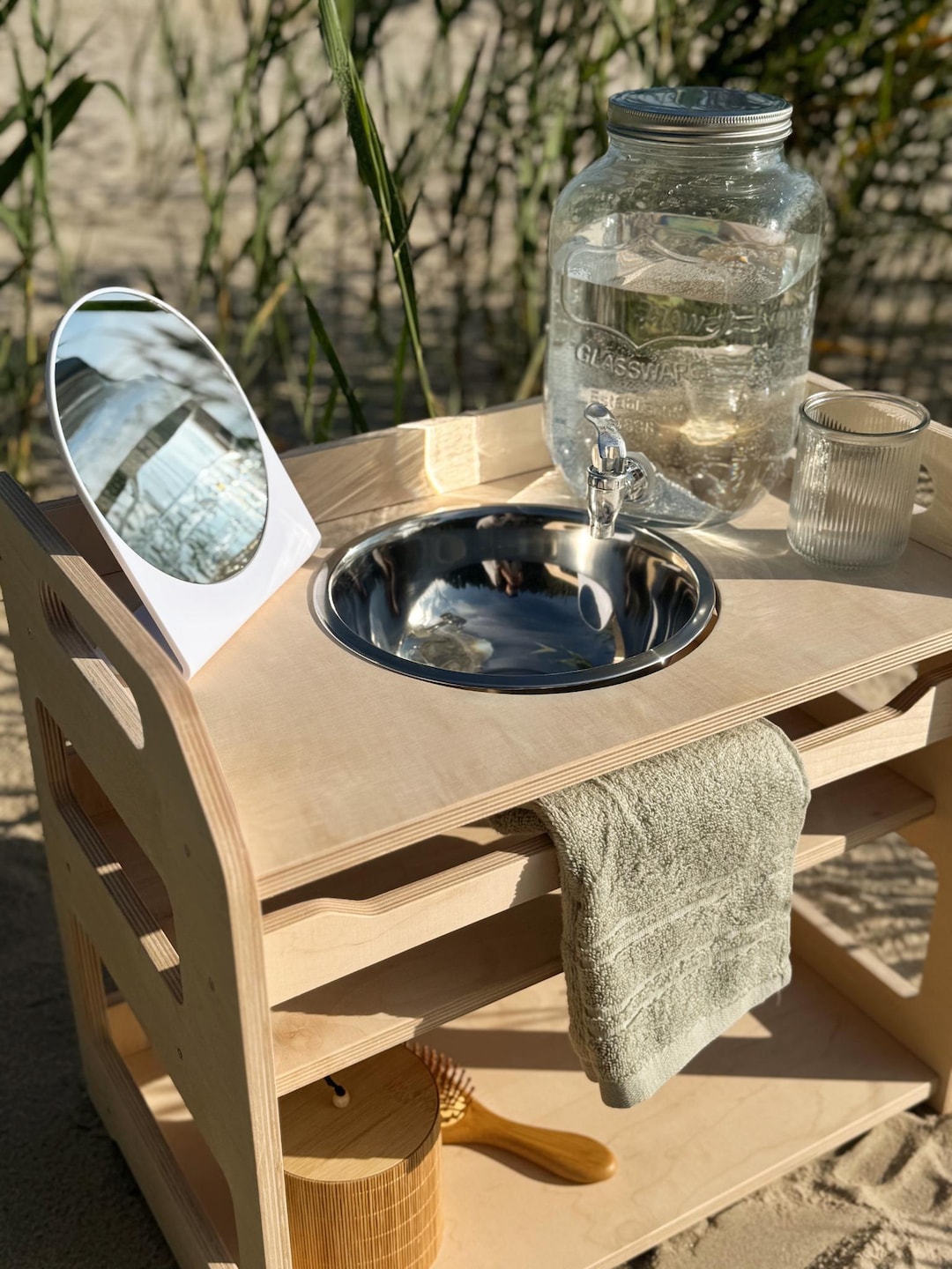 Miloow Montessori Kinderwaschbecken Aus Holz - Mit Spiegel & Sanduhr Für Selbstständiges Händewaschen