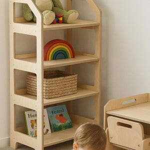 Montessori Wooden Shelf: 4-Tier Natural Wood Toy & Book Organizer