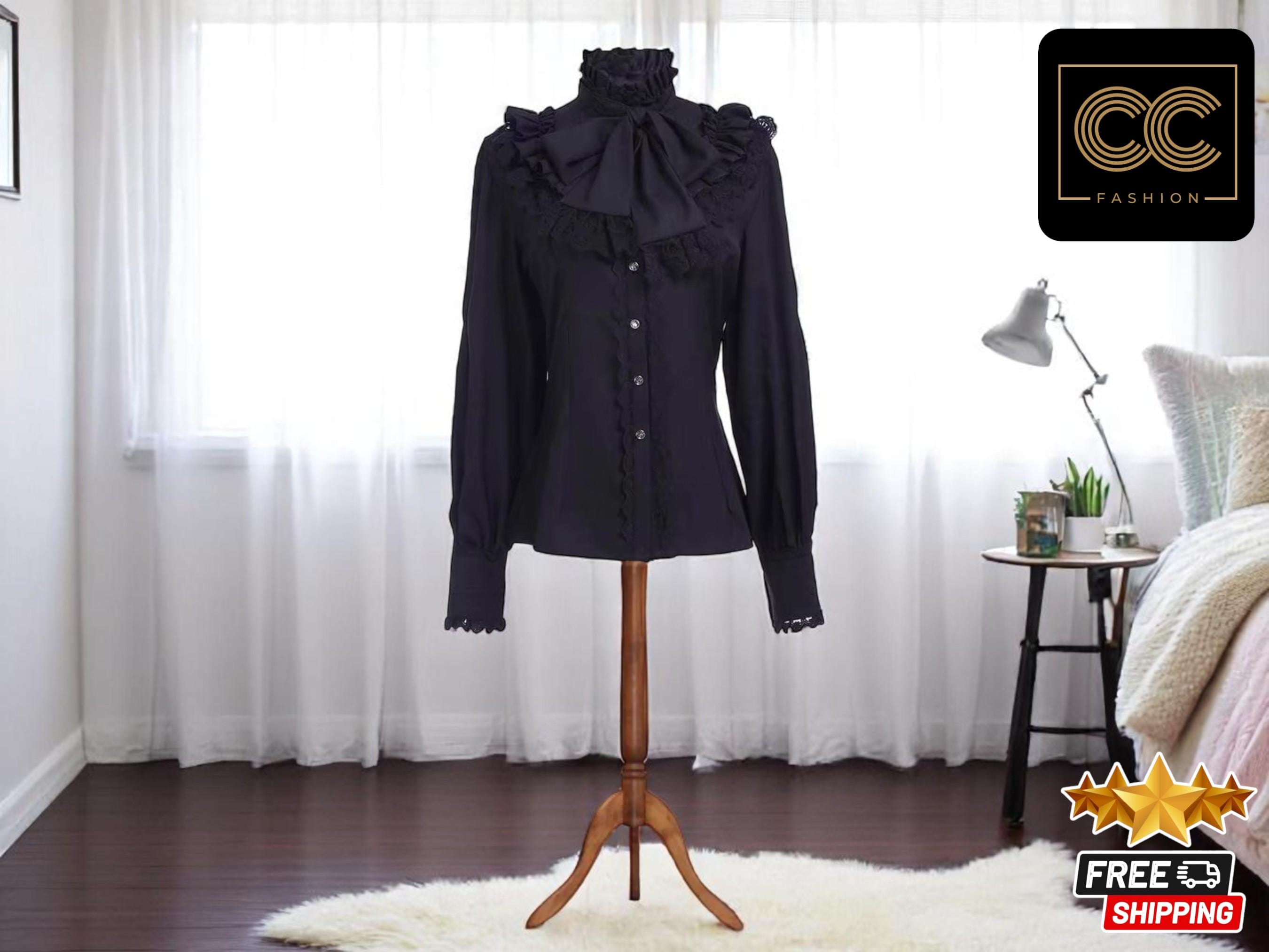 Bluzka inspirowana kostiumem gotyckim | Sznurowany kołnierzyk ze stójką | Średniowieczny poeta w stylu vintage | Elegancka koszula damska | Falbaniasty top wampira