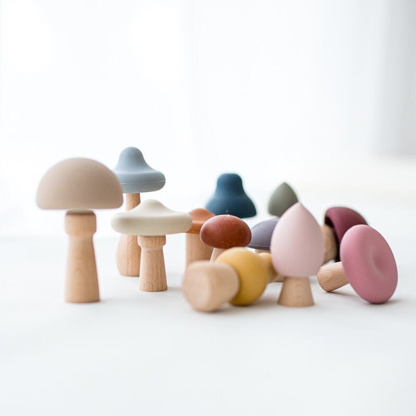 Jouet de dentition bébé 12 champignons en bois et silicone | Ensemble nouveau-né | Magasin de champignons pour tout-petits | Jeu d'empilage | Jeu d'équilibre