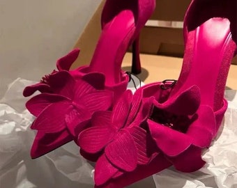 Zapatos de tacón de flores, calzado con punta cerrada de rosa dulce, sandalias de mujer con vestido de moda puntiagudas con talón descubierto de verano, envío gratis