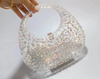 Embrague de diamantes de imitación, bolso transparente acrílico brillante, bolso colorido