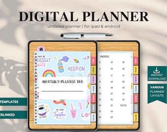 Planificador digital mensual sin fecha, plantilla para iPad (PDF)