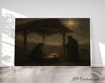 May include: A framed print depicting a nativity scene. The artwork features a star, a manger, and figures of Mary, Joseph, and a shepherd. The color palette is muted with sepia tones, creating a vintage aesthetic. The text "JP Customs and Prints" is in the bottom right corner.