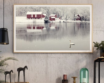 WINTER SWAN LAKE . Lake House Art . Christmas Art Print . Swan Art . Winter Photography . Red Barn Art