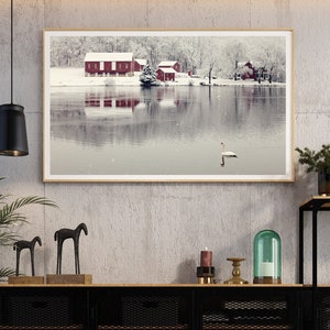 WINTER SWAN LAKE . Lake House Art . Christmas Art Print . Swan Art . Winter Photography . Red Barn Art
