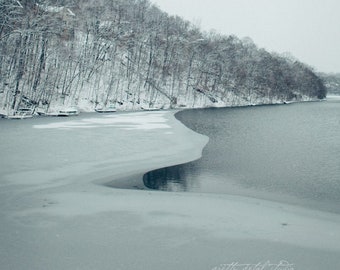 ICY WINTER LAKE . Winter Lake Wall Art . Moody Gray Art . Winter Landscape Print . Snowy Lake Photo