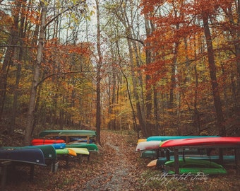 AUTUMN KAYAKS . Lake House Decor . Autumn Landscape Art . Colorful Kayak Print . Woodland Art Decor