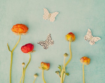 PAPER BUTTERFLIES and FLOWERS . Whimsical Wall Art . Nursery Decor Art . Flower Art Print . Red and Teal Art
