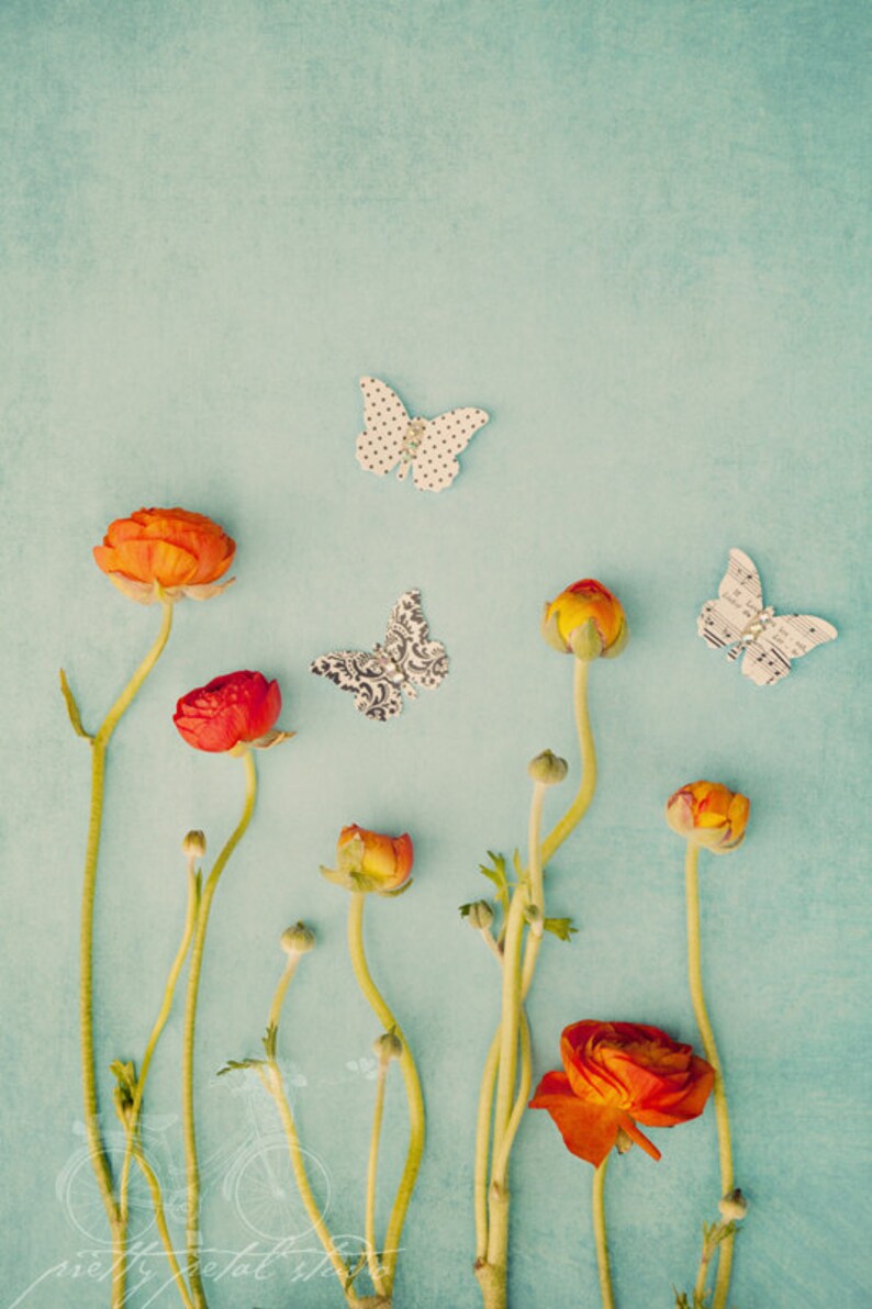 a group of flowers and butterflies on a blue background