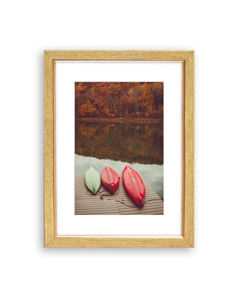 THREE KAYAKS . Lakehouse Art . Cabin Art Print . Lake Decor . Autumn Landscape image 2