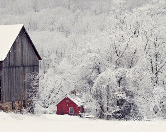 RED BARN in the SNOW . Winter Wall Art . Snow Art Print . Barn Photograph . Cabin Art