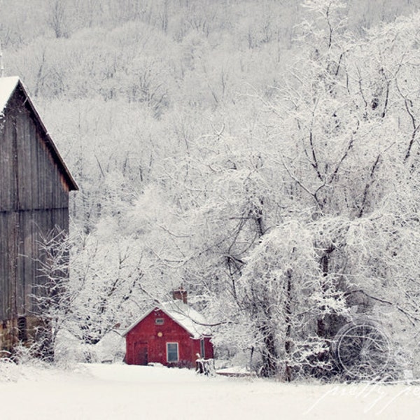 RED BARN in the SNOW . Winter Wall Art . Snow Art Print . Barn Photograph . Cabin Art