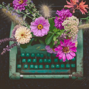 TYPEWRITER and FLOWERS . Typewriter Wall Art . Whimsical Botanical Print . Office Decor . Pink and Teal Art