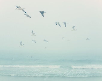 SEAGULLS in the FOG . Seascape Art . Ocean Photograph . Minimal Art . Beach House Art . Blue Art