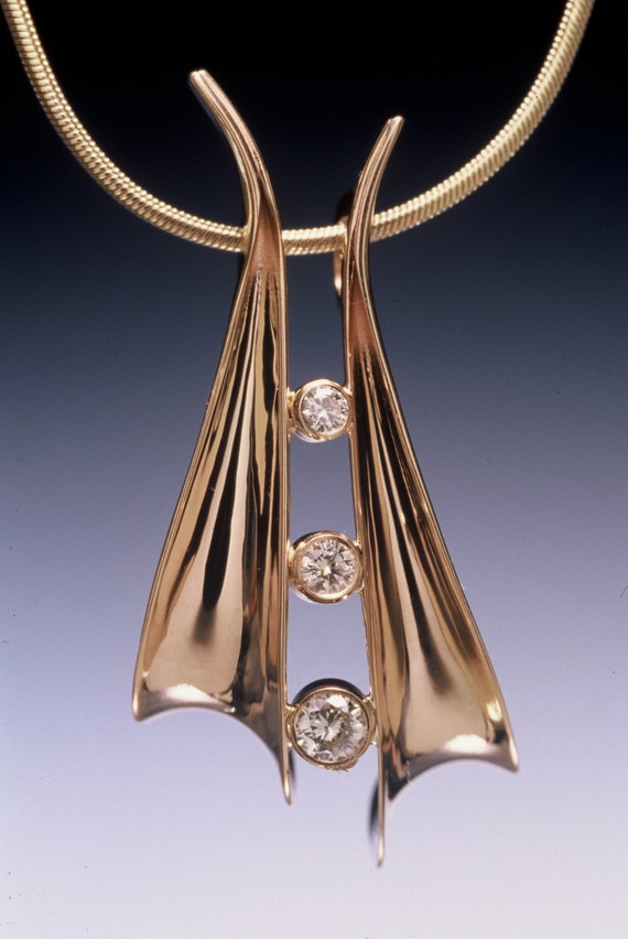 Diamond Necklace in 14K Solid Gold With 3 Diamonds. Diamond Etsy