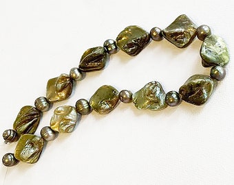 Olive green shell and pearl beads