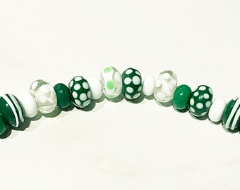 Green and White dotted Lampwork beads with plain spacers