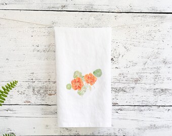 Nasturtium French linen tea towel, white stone-washed French linen, dish towel, kitchen decor, house-warming, hostess gift for gardener