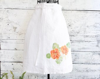 Nasturtium Linen Cafe Apron. Floral themed gift for chef or baker.  Unique and so lovely machine washable luxury linen.  One size.