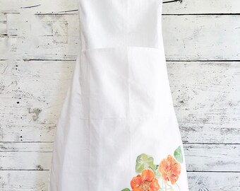 Full Cotton Apron with Nasturtium Watercolor print, front pocket, one size,  machine washable