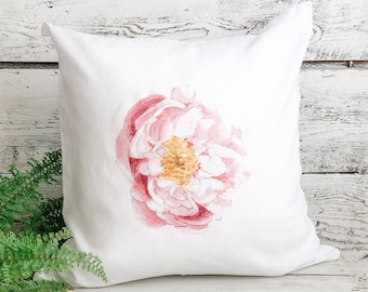 Peony French linen pillow cover. Machine washable and is  17" square.  Beautiful gift for gardener.  Unique home decor featuring art.
