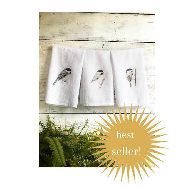 Set of three chickadee French linen tea towels, art by Emma Pyle, watercolor birds dish towel set,  blackcapped chickadee, bird watcher gift