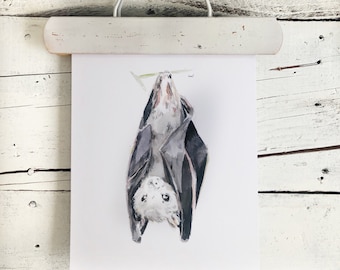 Art print of fruitbat,  5 by 7 or 8 by 10 inches,  frame ready, watercolor art of bat, art by Emma Pyle