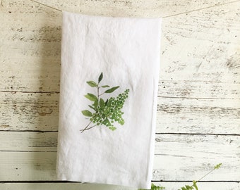 Fresh Botanical tea towel, white stone washed French linen, dish towel, kitchen decor, house warming, hostess gift, present for gardener