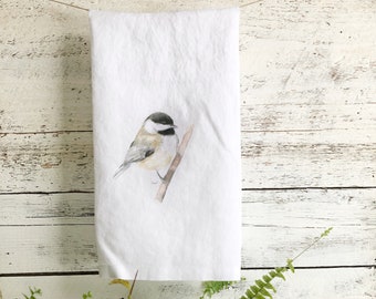 Chickadee on branch French linen tea towel, white stone washed French linen  dish towel with bird art, kitchen decor house warming gift idea