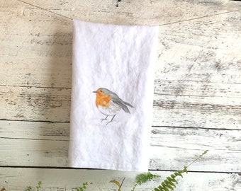 English Robin tea towel, white stone washed french linen, dish towel, kitchen decor, house warming, hostess gift, present for birdlover