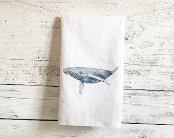 Humpback whale French linen tea towel. Ocean themed gift for whale lover. Machine washable measures 23" by 28". Absorbent kitchen staple.