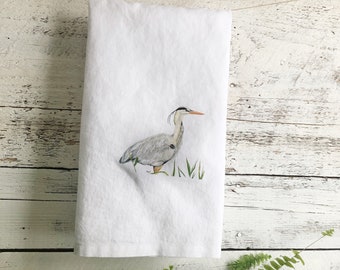 Heron in marsh linen tea towel, white stone washed French linen, dish towel, kitchen decor, house warming, hostess gift, birdwatcher present