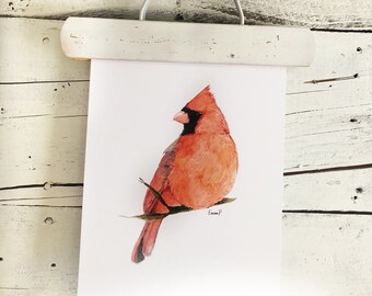 Art print of red cardinal, 5 by 7 or 8 by 10 inches,  frame ready, watercolor art of bird, print only