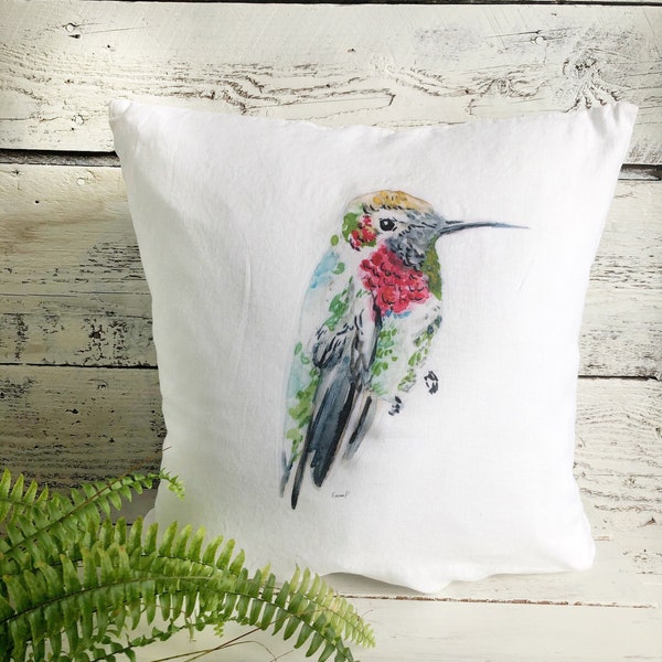 Linen ruby throated hummingbird pillow cover,  white stone washed French linen, home decor,  house warming,  gift for bird lover