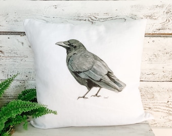 Linen pillow cover with black crow watercolor print for 18 inch insert, home decor throw pillow woodland themed wild, North American bird