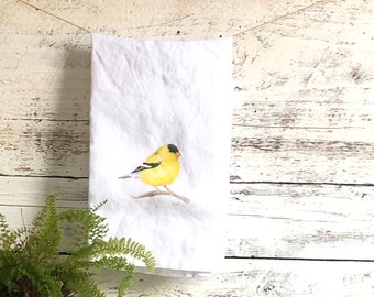 Goldfinch French Linen tea towel, yellow song bird art, stone washed linen, gift for bird lover, hostess gift kitchen decor, present for her