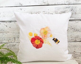 Poppy and Bee French Linen pillow cover. Machine washable case with zippered closure at bottom.  Fits 18" insert. Unique gift.