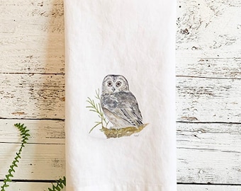 Saw-whet owl watercolor art on machine washable French linen tea towel.  Great gift for birdwatcher or nature lover. Large 23 by 28 inches.