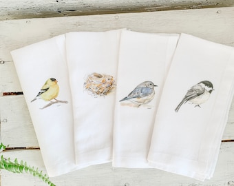 Set of four French Linen Napkins with beautiful watercolour artwork, 18 inch square, goldfinch, chickadee, bird nest, bluebird