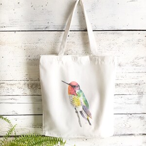 Reusable Cloth Tote Bag with Art by Emma Pyle,  brightly colored hummingbird