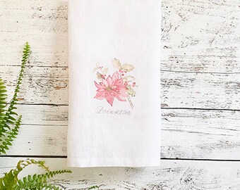 Poinsettia French linen tea towel, white stone washed  dish towel, Christmas gift, stocking stuffer