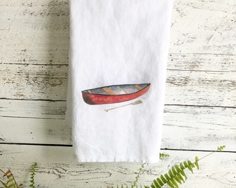 Red canoe tea towel, white stone washed French linen dish towel, kitchen decor, house warming, hostess gift